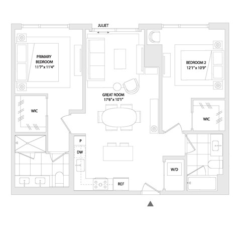 Floor plan for 2 beds, 2 baths, 1066 sqft